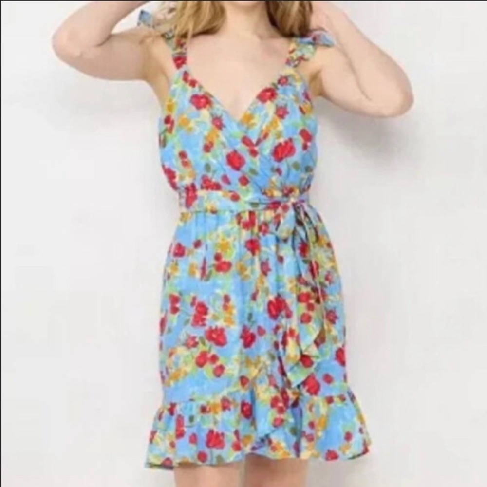 LC Lauren Conrad Summer Picnic Blue Red Floral Faux‎ Wrap Ruffle Dress M EUC - Picture 13 of 16